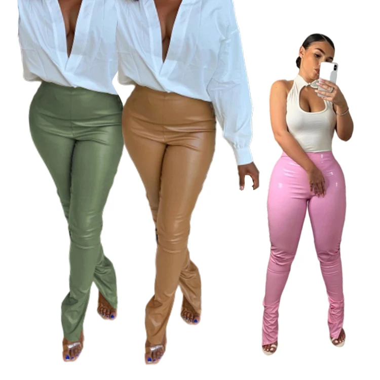 Sexy Ladies Faux Leather Pants Casual Tight Leather Flare Pants High Elasticity Micro Speaker Casual Side Split Pu Leather Pants