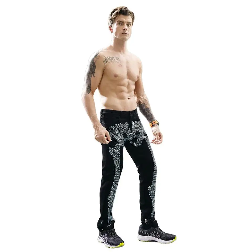 Fashion New design custom destroyed Embroidery denim Jeans mens skeleton rhinestone skinny jeans