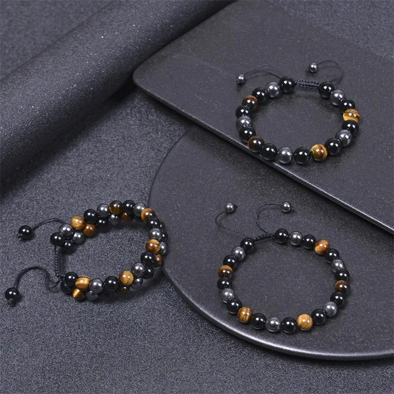 gemstone black obsidian hematite elastic healing energy magnetic mens tiger eye crystals stone triple protection bead bracelet