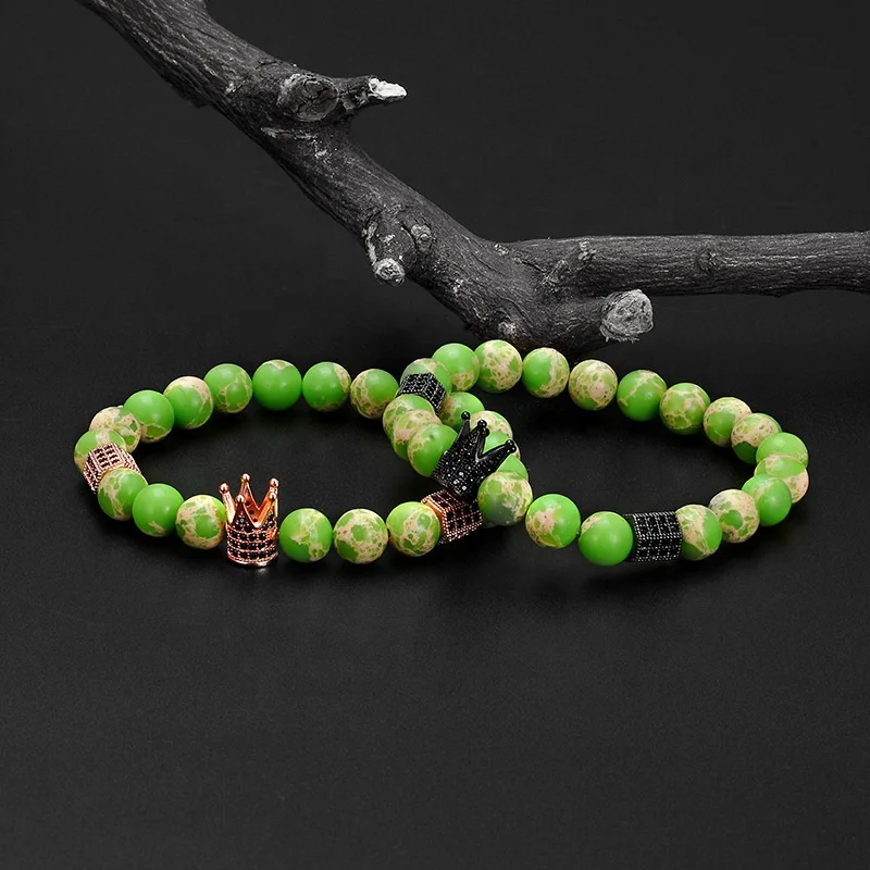 Factory Sale Fashion Jewelry Silver Plated Brass Crown Bead Natural Stone Imperial Jasper Beaded Bracelets