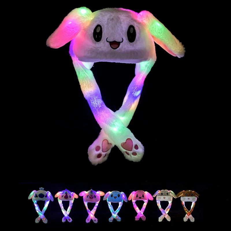 Custom Logo Plush Toy Cute Bunny Ear Party Led Light Moving Ear Hats Plush Toy