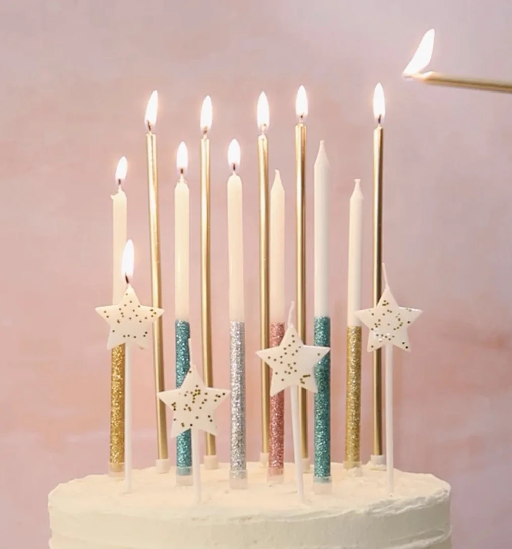 Factory Price Wholesale Custom Celebration Decoration Colorful Long Stick Glitter Happy Birthday Cake Party Candles in Bulk