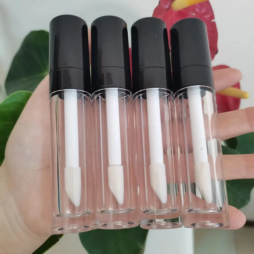 Empty black top thick crystal transparent lip gloss containers tube lip glaze packaging with middle ring and big brush wand 8ml