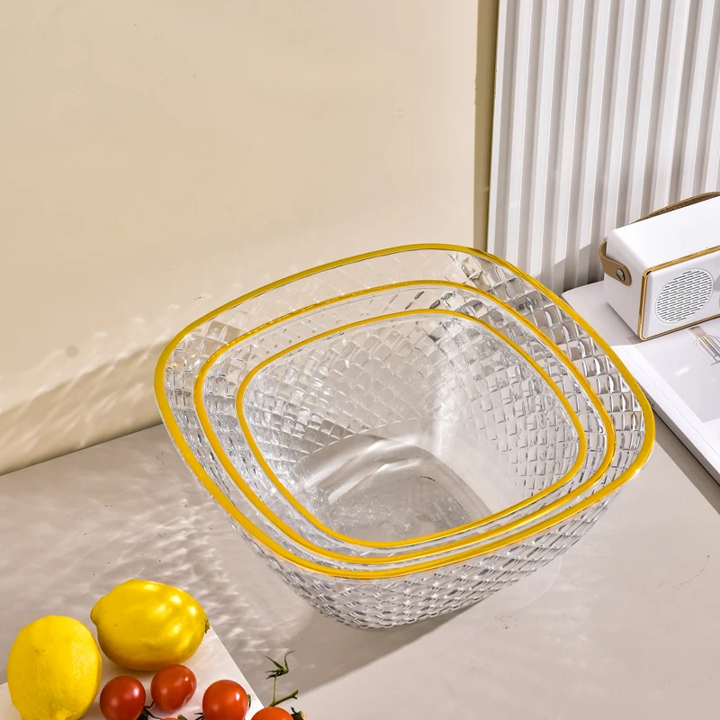 Multisize Transparent Gold Line Plastic Serving Bowl with Lid Salad Bowl for Cereal Pasta Fruit Popcorn Chips