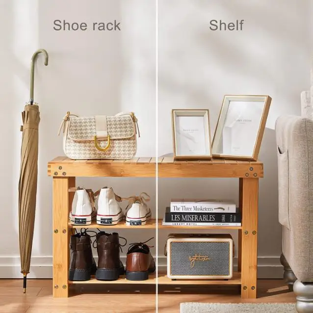 Home Living 3 Tier Design Storage Shoes Rack Bamboo Wooden Shoes Rack Bench for Entryways