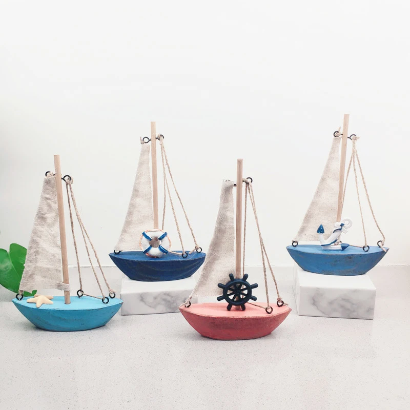 Creative home decoration shooting props Vintage colorful small sailboat wooden canvas boat model ornaments