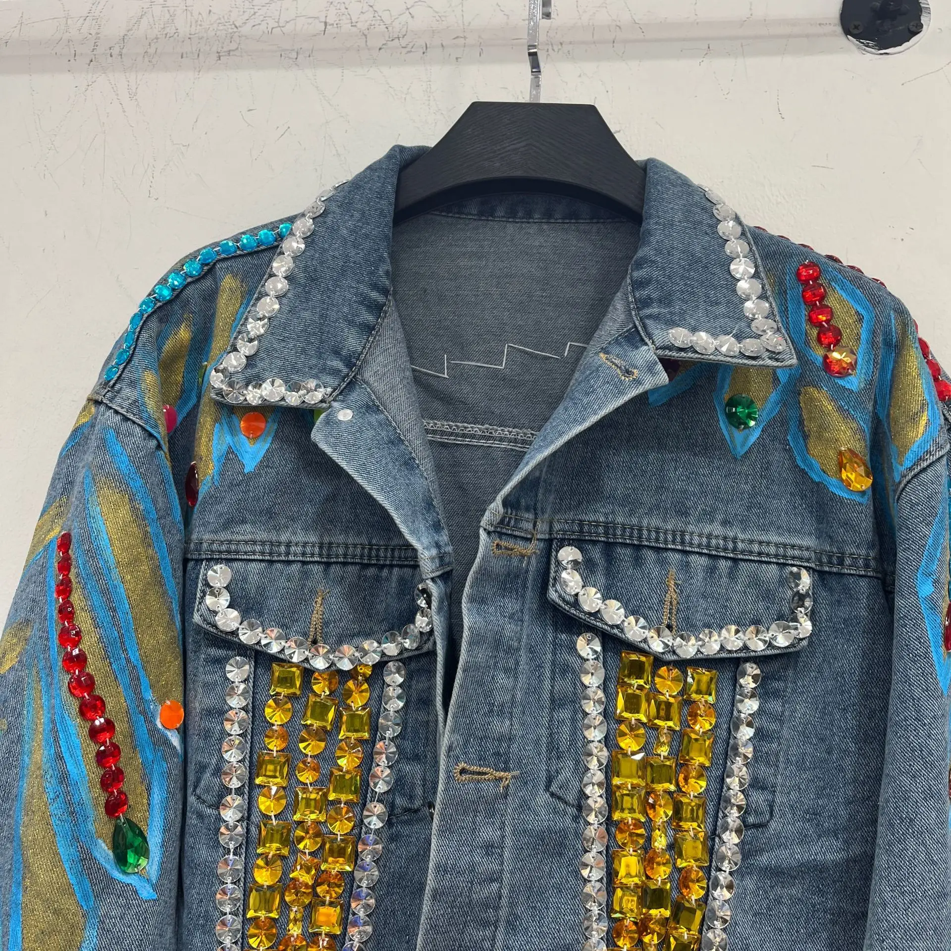 Spring style women denim jacket short pattern fashion jackets with crystals pearl beading denim coat