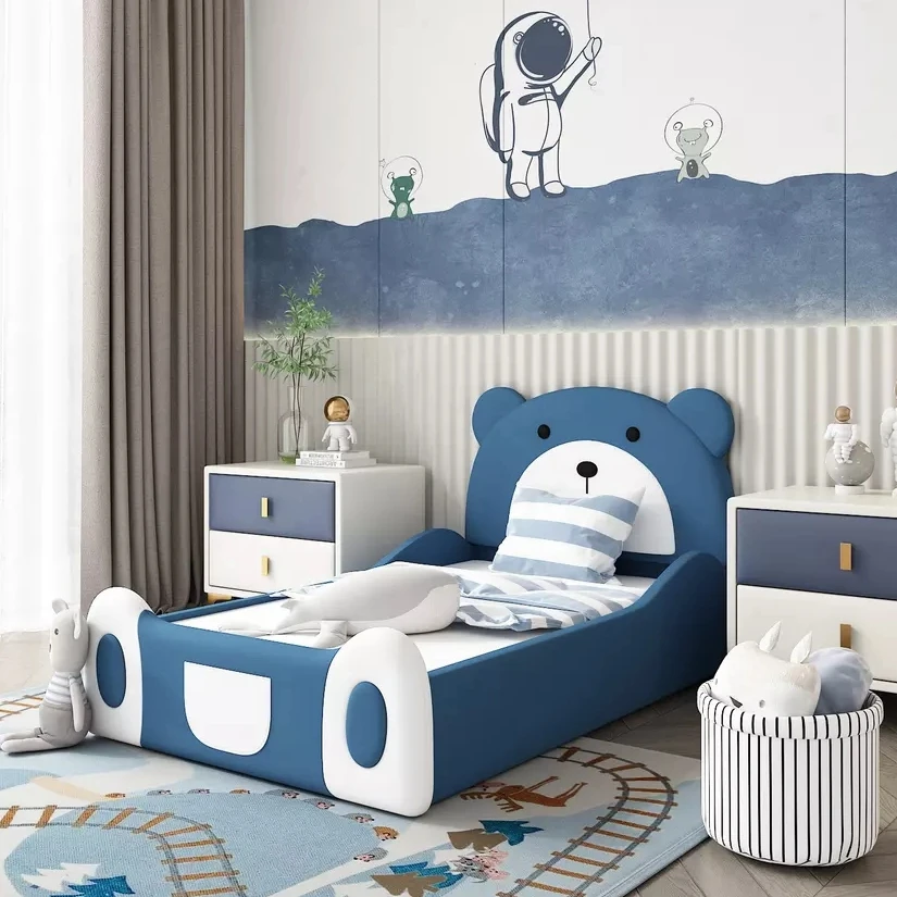 Заводская цена голубой медведь дизайн детская спальня деревянная планка Детская Металлическая Кровать