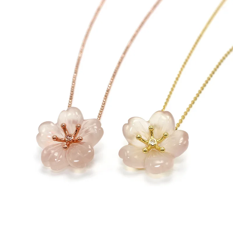 Elegant gold plated 925 sterling silver pink cherry blossom sakura pendant jade jewelry