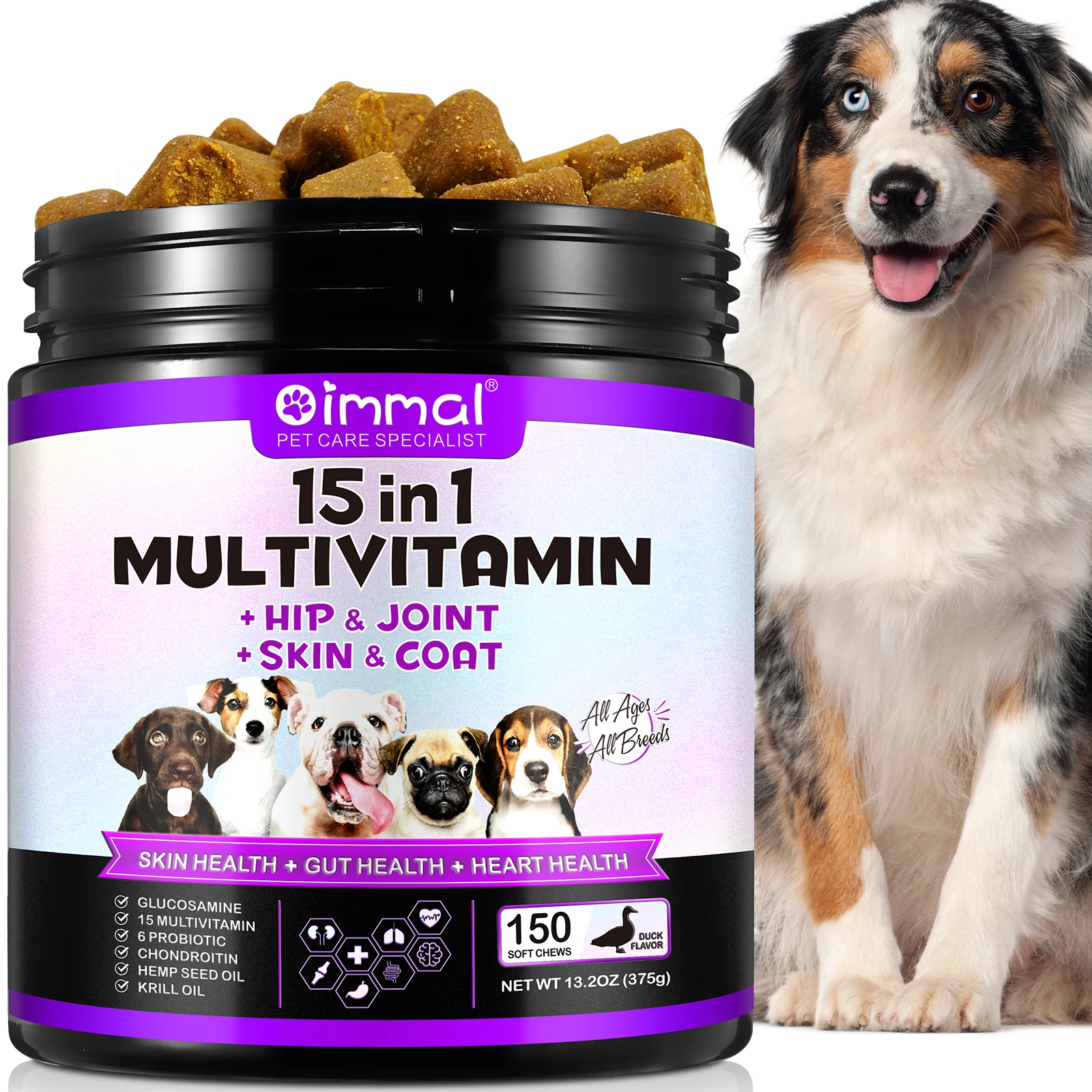 OIMMAI immunity digestion joint heart health support pet supplement soft chew dog 15 in 1 multivitamin pet vitamin supplement
