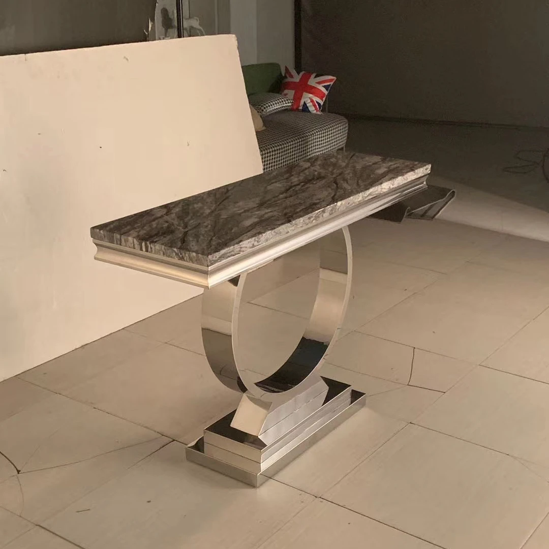 The new design golden mirror modern luxury marble entrance console with mirror laser elegant white silk metal objects