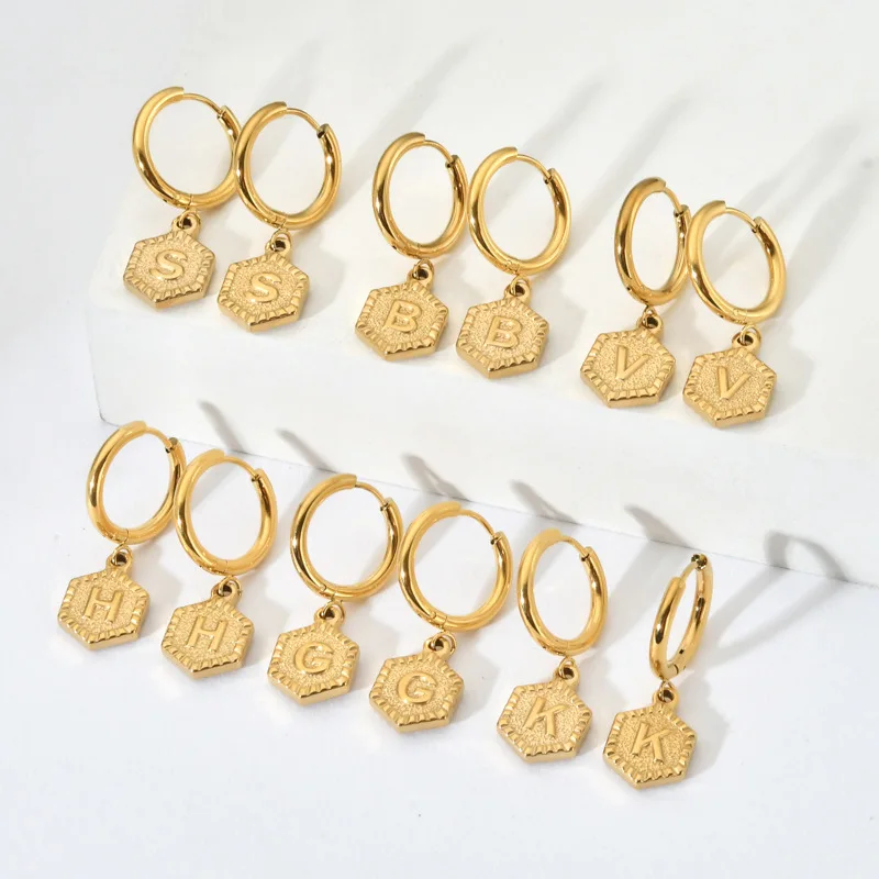 Hongtong A1-135 Stainless Steel Hexagon Minimalist 26 Letter High Quality Women Fashion Jewelry Pendant Earrings