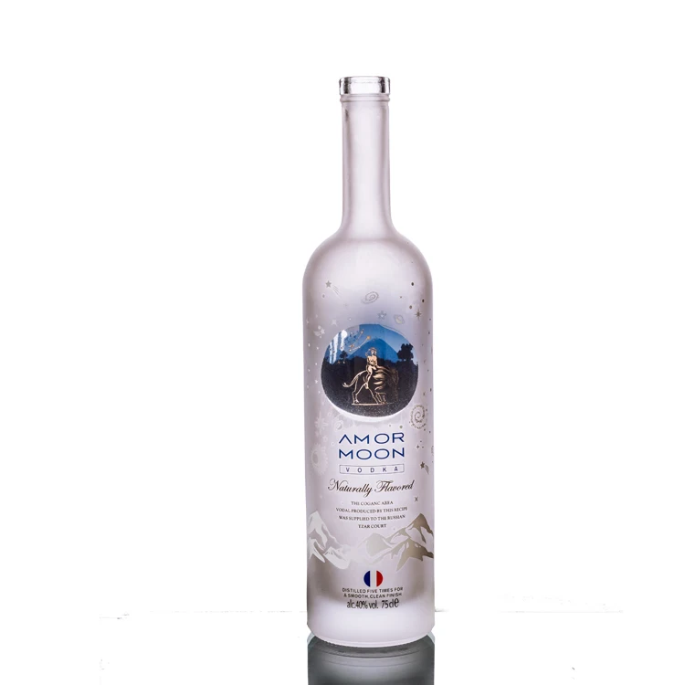 Round Custom Made 750ML White Frosted Printing Organic Glass Vodka Bottles
