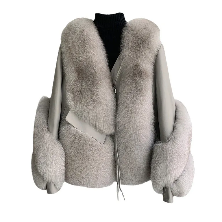 Winter Fashion Warm Ladies Fox Fur Jacket High Quality Solid Color Sheep Leather Coats Women Down Fur Coat