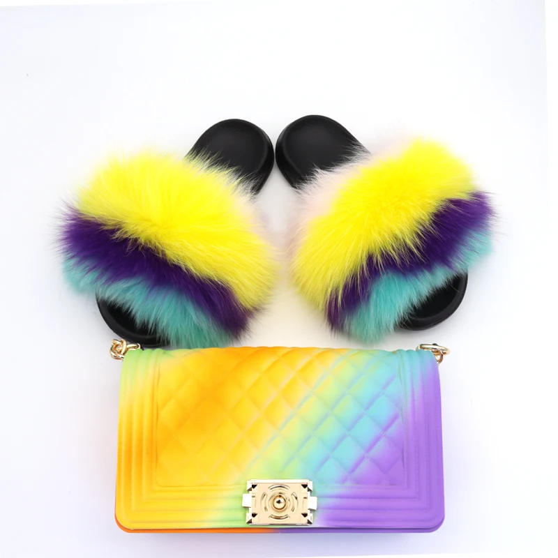 Fashion Outdoor Soft Real fluffy Flip Flops Home Sets Sandals 2019 Fur Slides And Matching Purses Slippers Women Fur Slides