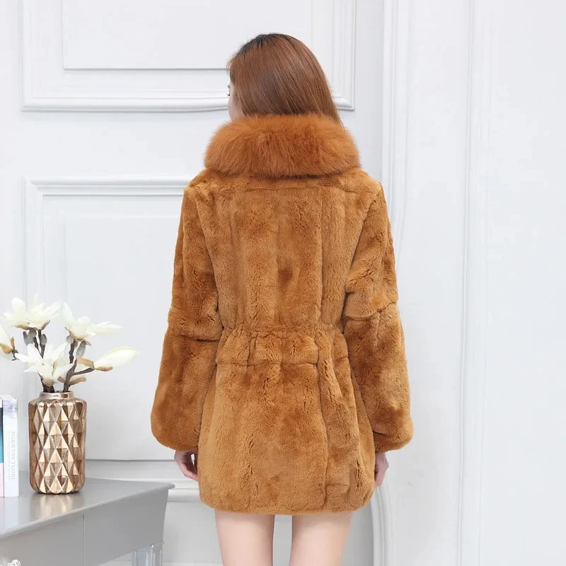 Winter Warm Real Rex Rabbit Fur Coat With Fox Fur Collar Women Casual Plus Size Yellow Thick Genuine Fur Jacket Fashion Outwear