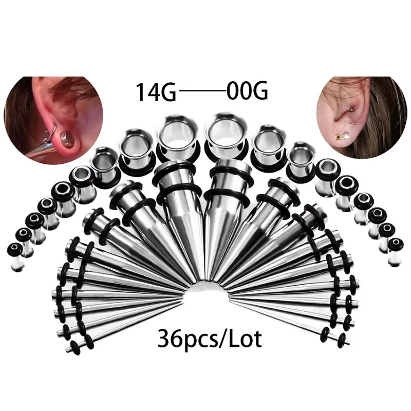 Ear Gauge Stretching Kit Stainless Steel Tapers and Plugs Earrings Piercing Set 36 Pieces 14G-00G