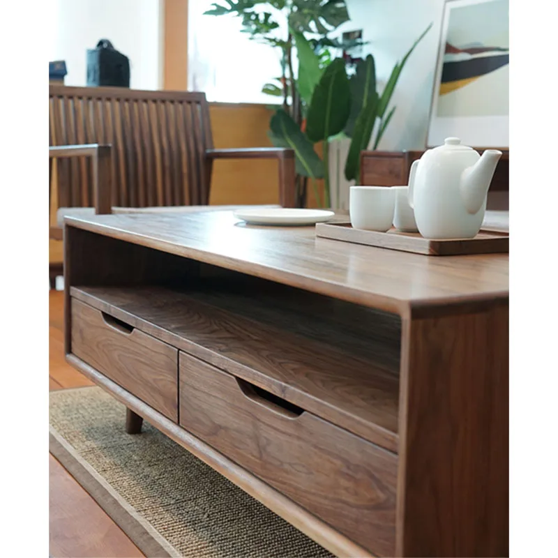 Hot sale Black walnut double-layer tea table four-drawing coffee table square solid wood tea table with drawers