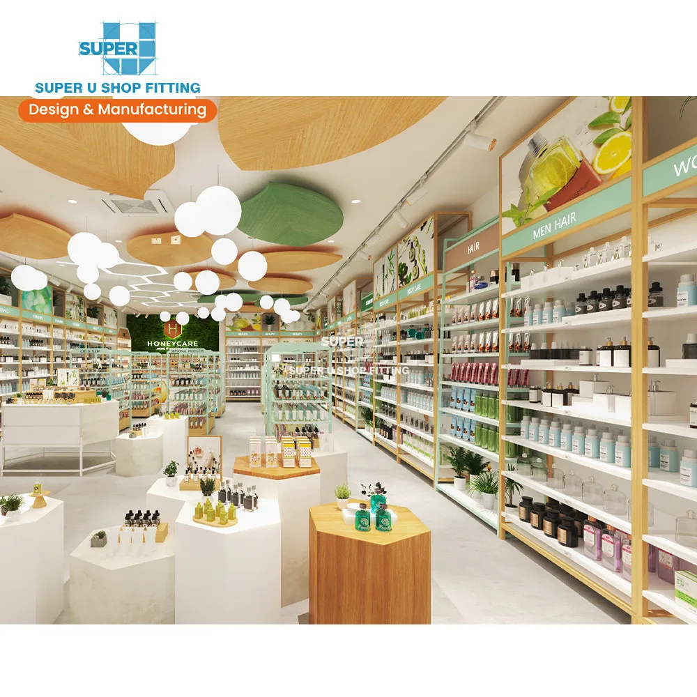 Custom Skincare Medical Shop Display Shelving Cosmetics Shop Furniture Custom Pharmacy Shelves for Pharmacy Shop Interior Design