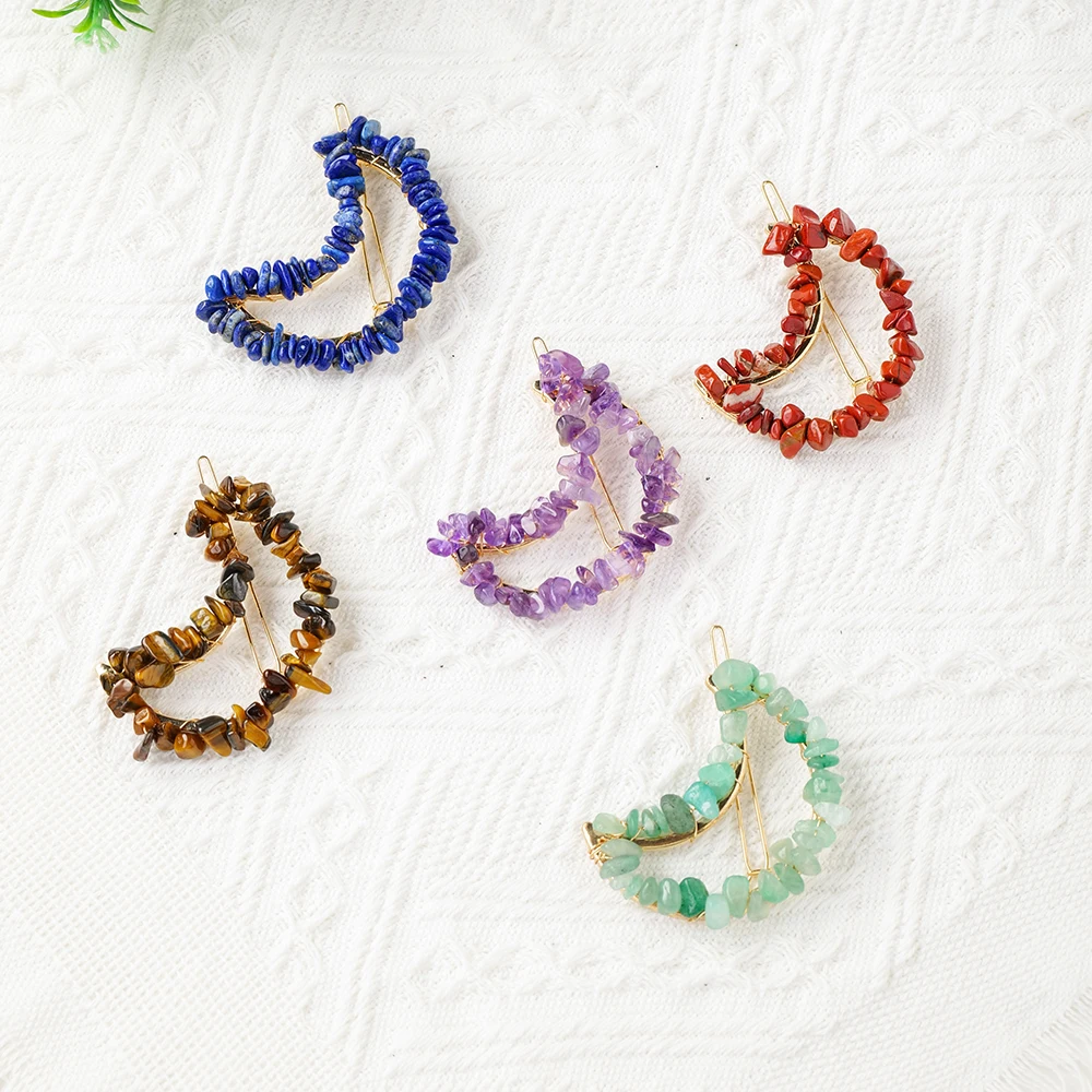 Women Girls Cute Colorful Natural Stone Crystal Gravel DIY Moon Hairpin Decoration Sweet Hair Clips Fashion Hair Accessories