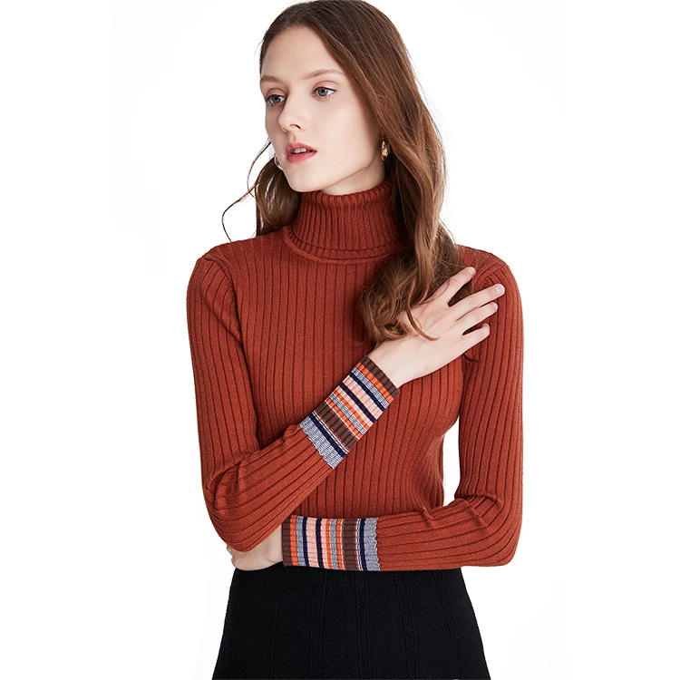 Womens Velvet Lining Colorblock Sweater Turtle Neck Casual Long Sleeve Loose Striped Knitted  Pullover Tops