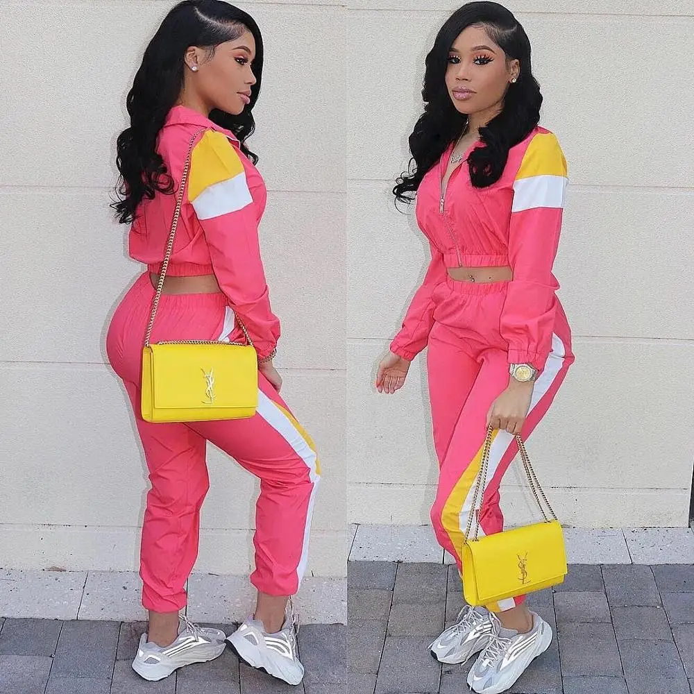 New Arrivals 2021 Clothing Women Color Block Two Piece Outfits Tracksuit Sports Joggers Windbreaker Jacket Women 2 Piece Sets