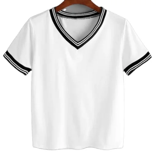 preppy style girls v-neck stripe trim t-shirt