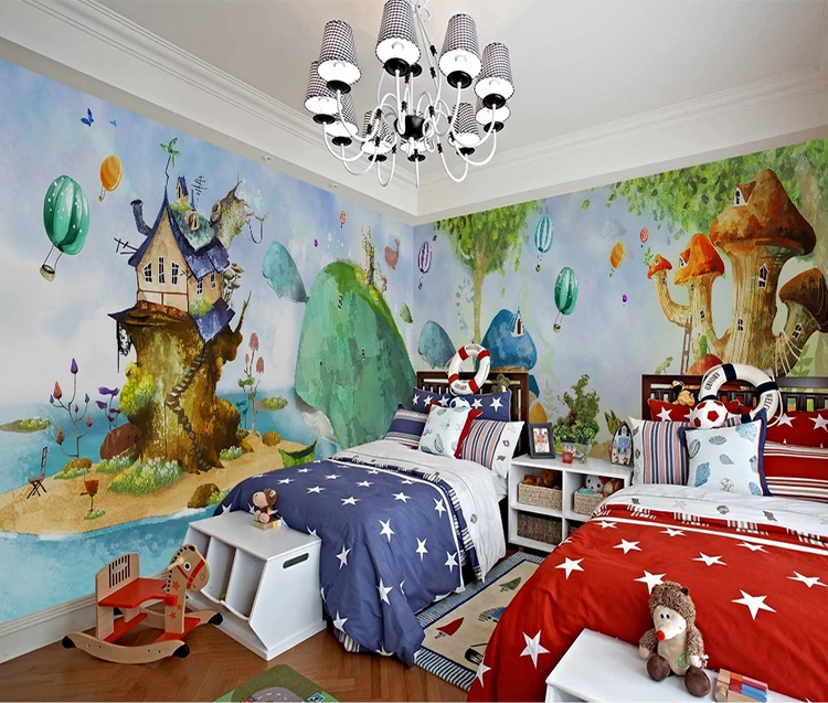 Painting fantasy forest animation wall mural whale house kids room wallpaper