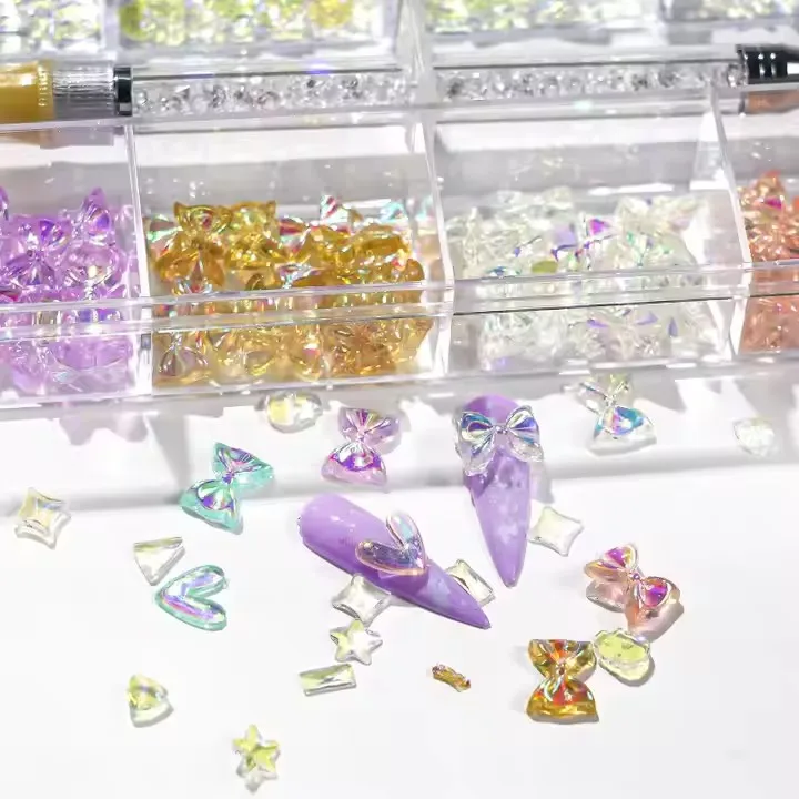 24 Glass Multiple shapes fluorescent Crystal Nails Art Rhinestone Flat Back Nails Charms Diamond Stone Decorations