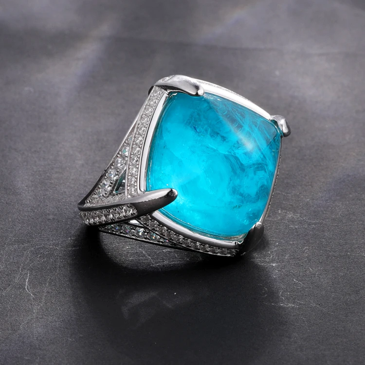 Luxury Sterling Silver Jewelry Gemstone Ring Cubic Zirconia Paraiba Tourmaline Ring