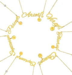 Stainless Steel 12 Zodiac Letter Name Necklace With Round Sign Charm Pendant Dangling Link Chain Necklace Gold Jewelry Women Hot