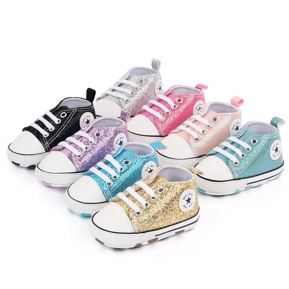 10pcs Stock Shoes Wholesale RTS Glitter Canvas Shoes First Walker Boy And Girl Crib Baby Shoes