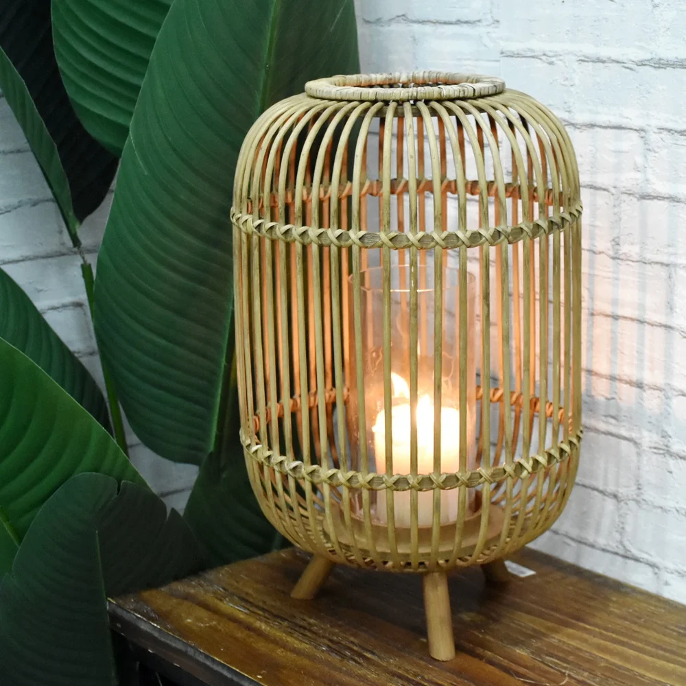 Bamboo Hurricane Lantern Candle Holder Round Vintage Candle Lantern with Stand And Glass Shade For Home Indoor Decorations