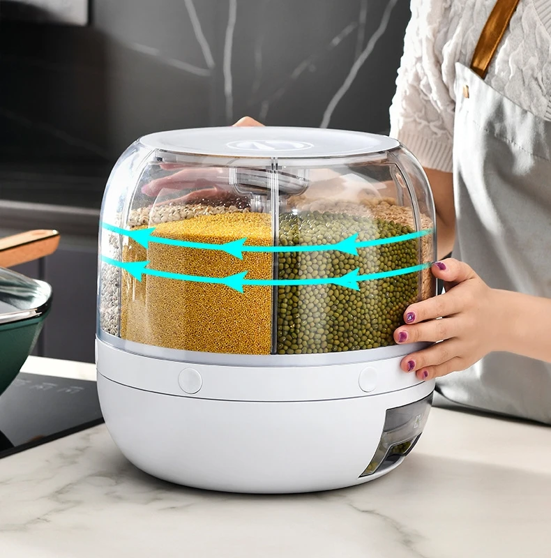 3KG 6-Compartment Grain Dispenser Rotating Storage Container Dry Food Dispenser with Measuring Cup for Kitchen Grains Beans Rice