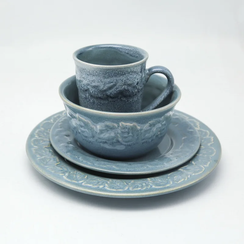 Dinnerware set Rim Emboss round ceramic stoneware dinner set Reactive Glazed plate and bowl porcelain dinnerware