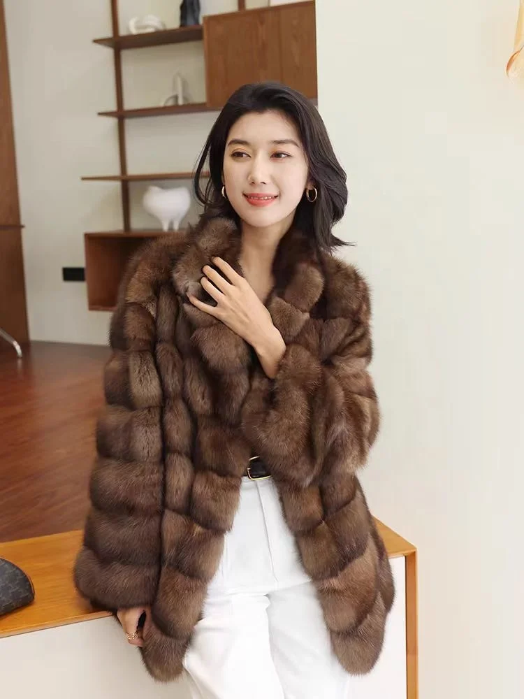 custom Women  Russia  real sable fur   coat   Winter Long 75cm pure natural sable fur overcoat