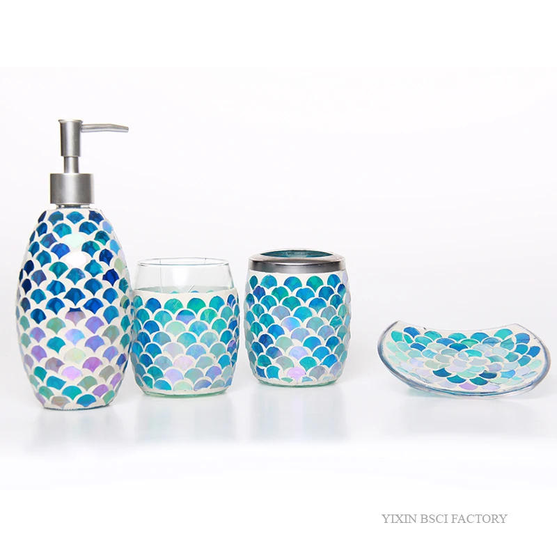 2021 Bright Colored Mosaic Glass Bathroom Accessories 4 Pieces Fanshaped Piece Glass Mosaic Bathroom Accessories Set