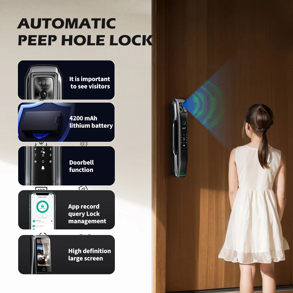 SMARTEK I8 IP54 Camera Full Automatic Tuya APP Wi-Fi WBRL Whole Live Video 3D Face Recognition Smart Door Lock with Eye Scanner