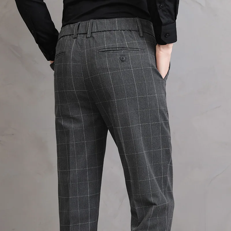 New Fashion Plaid Printed Pants For Mens Mid Waist Button Trouser Male Formal Casual Long Pants