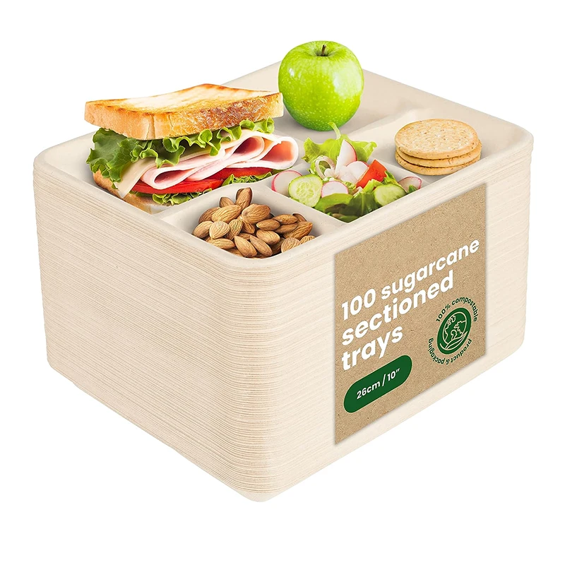Heepack Biodegradable Pulp Tableware Food Packaging Plates Disposable 5-compartment Sugarcane White Bagasse Tray