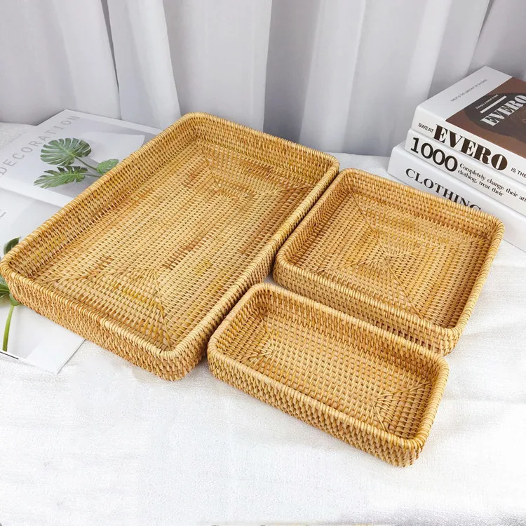 Rattan Serving Tray, Natural Wicker Decorative Serving Baskets for Organizing Tabletop Bathroom Kitchen Counter (Natural)