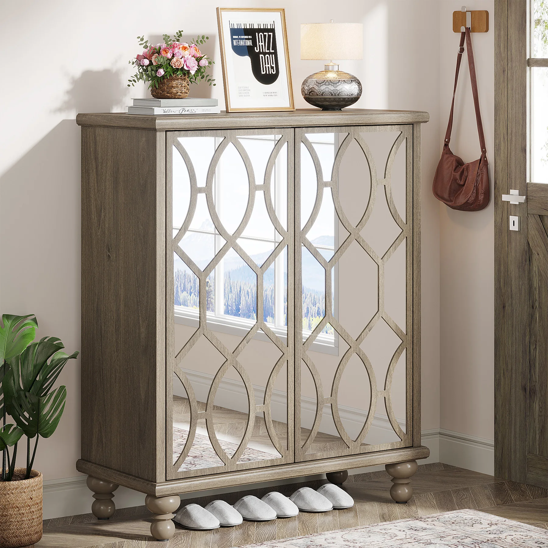 Tribesigns 2024 modern two door MDF wooden vintage grey retro shoe cupboard storage cabinet with acrylic mirror finish