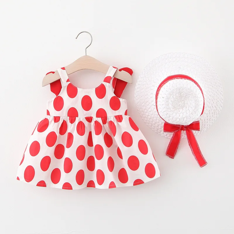 Summer New Design Small Wings Baby Girls Dress 2pcs Drees + Straw Hat Sleeveless Baby Girl Cherry Dress