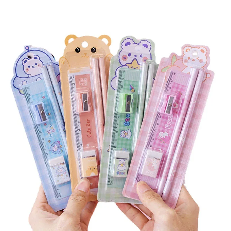Five Piece Stationery Set Children Birthday Gift Cute Kawaii Set Wholesale Ruler Rubber Pencil Sharpener