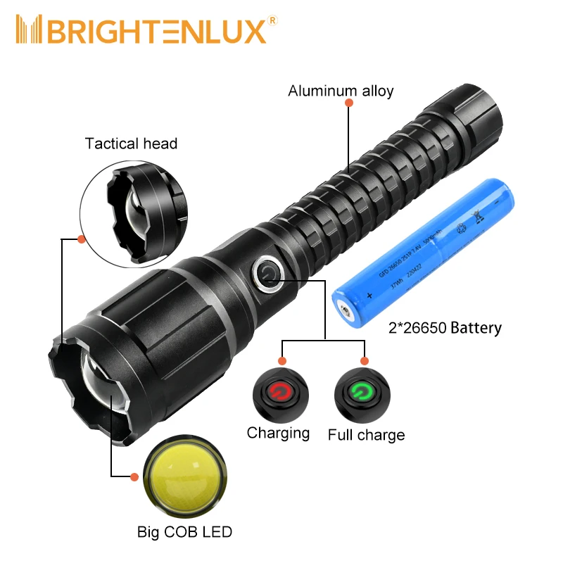 Фонарик Brightenlux 10000 люмен Многофункциональный тактический перезаряжаемый фонарик COB Type-C уличный светодиодный с