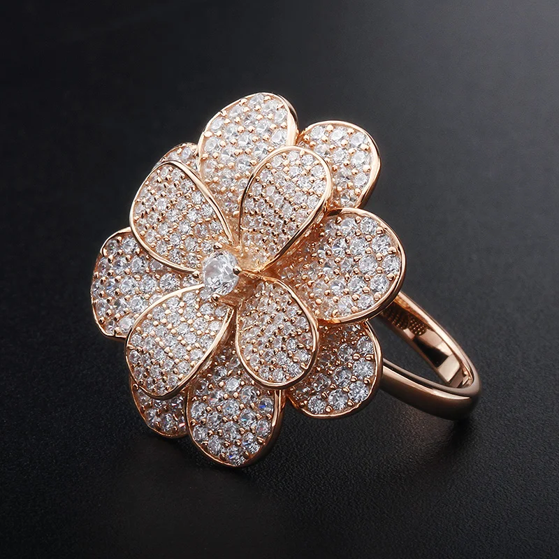 hot sale good price sterling silver gold plated rings cubic zirconia 925 silver big daisy flower bloom ring 18k for girls women