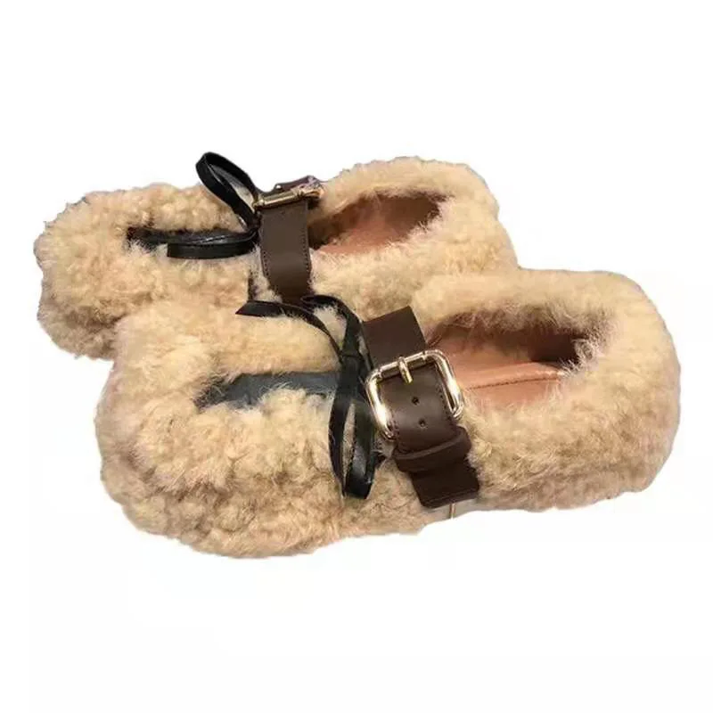 
PL0446 ISEEYOUFIRST shoes women New Style Single shoes Personality Sheep Roll Plush Lazy Simple Round Head Belt Buckle Flat Shoe 