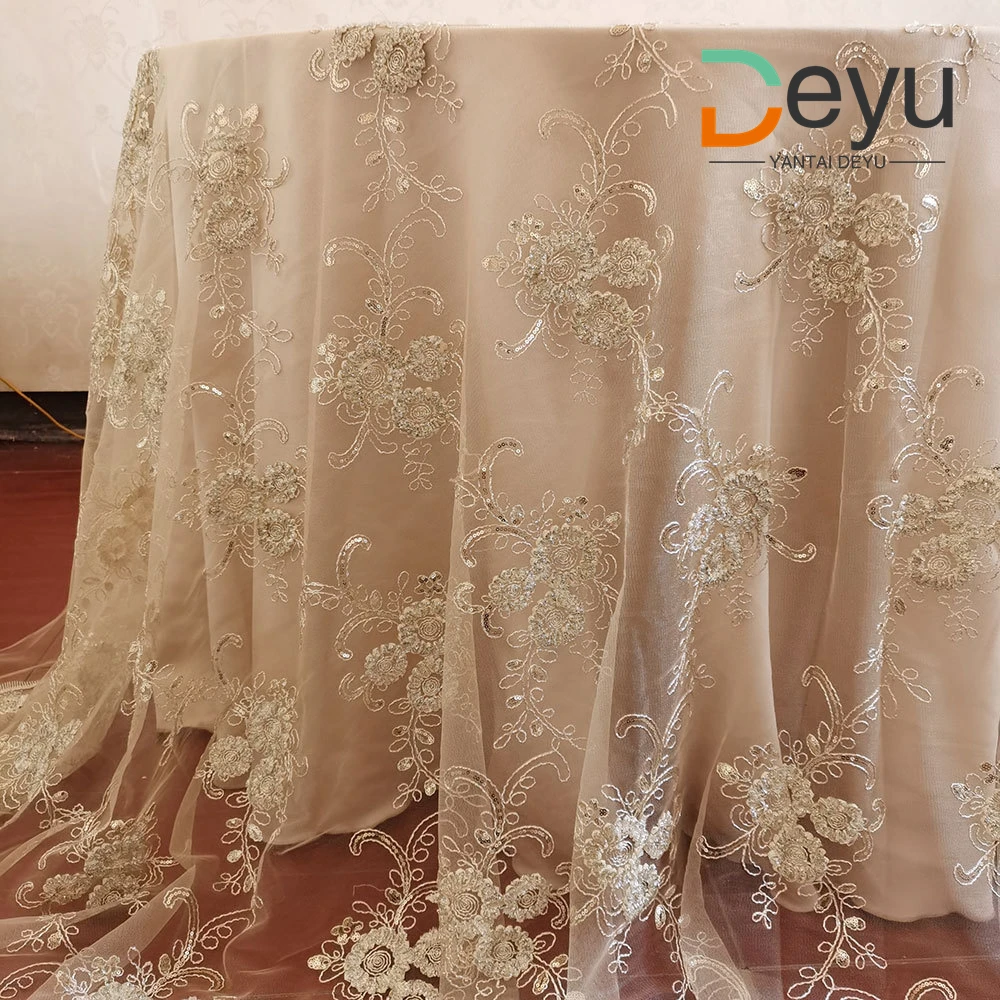 Wholesale 132 inch round light rose lace embroidery mesh tablecloth for luxury wedding