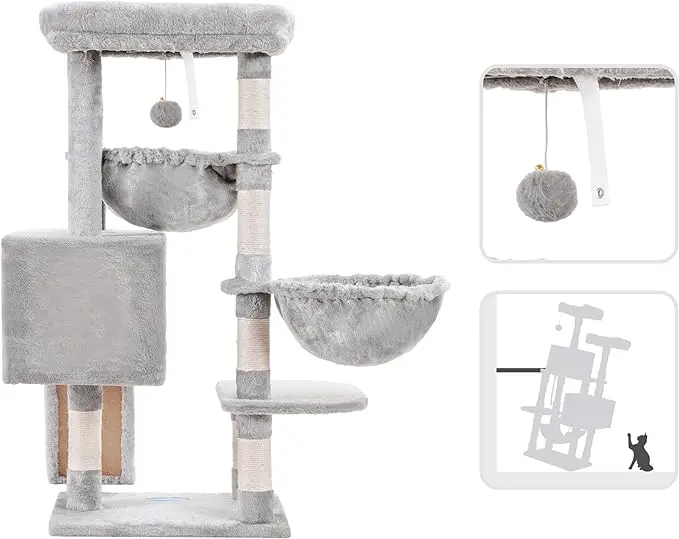Large Indoor Cat Tree Tower Comfortable Upholstered Bed with Sisal Scratch Post for Apartment Hammock Big Cat House Bed