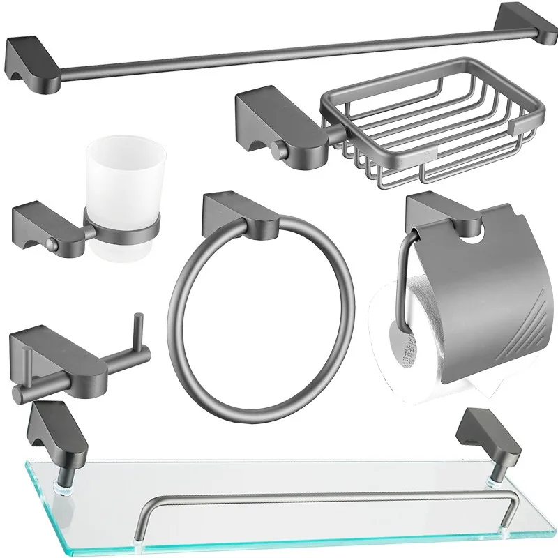 Gun Grey Bull Horn Space Aluminum Foreign Trade Bathroom Hanger Set 6-7 Pieces Toilet Paper Rack Soap Net Single Pole Towel Rack